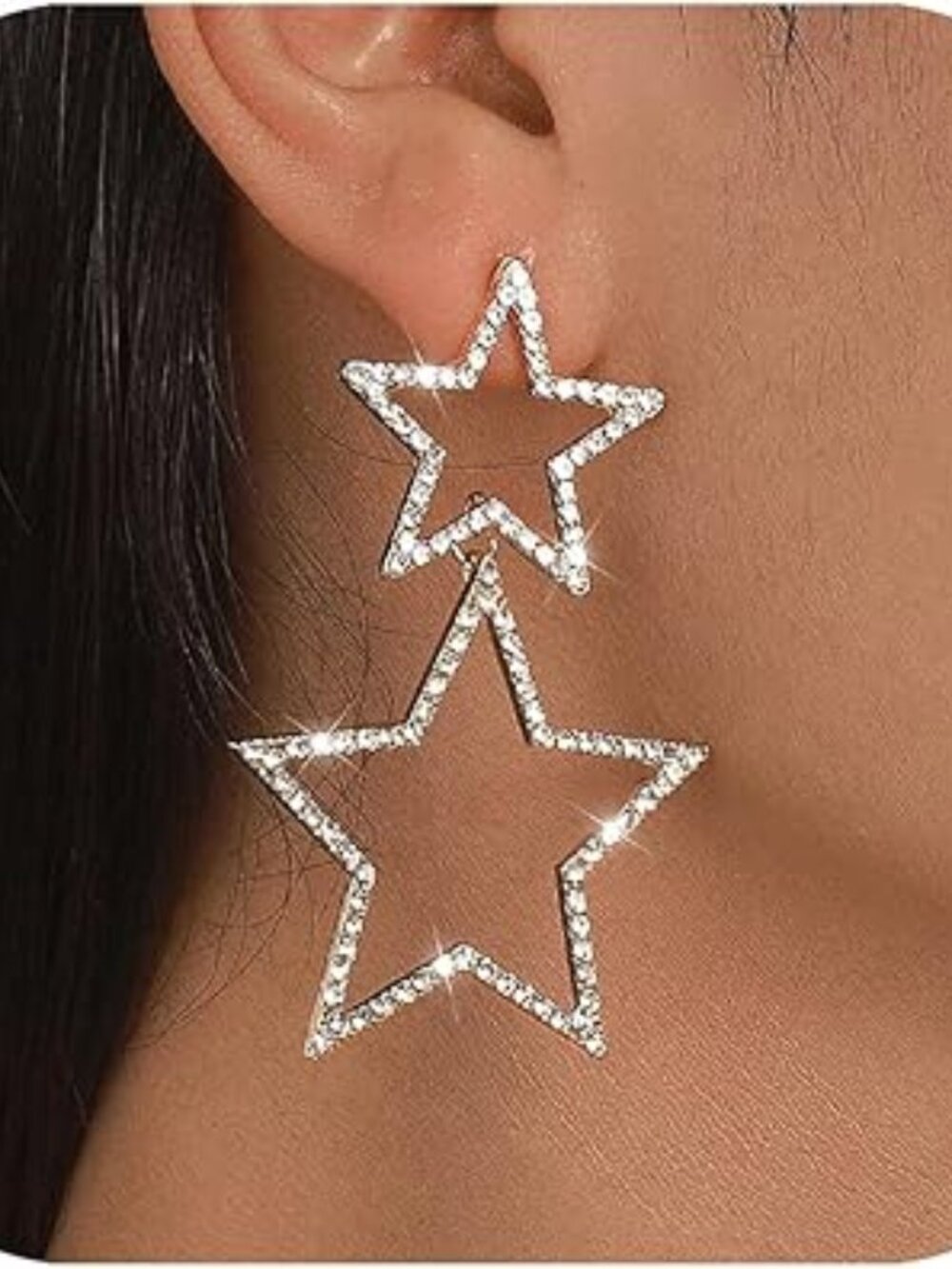 Big Silver Star Earrings Double Stars Rhinestones Sparkly Trendy